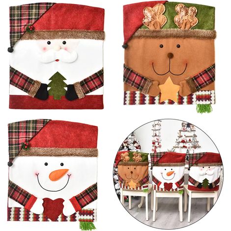 Housse de dossier de chaise de noël, 3 pièces, pour salle à manger, housse de chaise de dîner de noël, bonhomme de neige, renne, père noël (1/5)