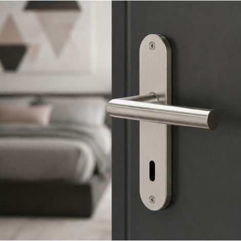 Ouvre&Déco - 2 poignées de porte DOCKEUR en métal nickel mat – Entraxe 165 mm – Entrée de clé chambre – Style contemporain (1/5)