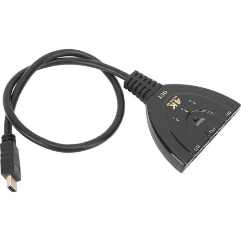 Commutateur/sélecteur d'interface multimédia HD 4K 3 entrées/1 sortie avec câble adaptateur pour PC