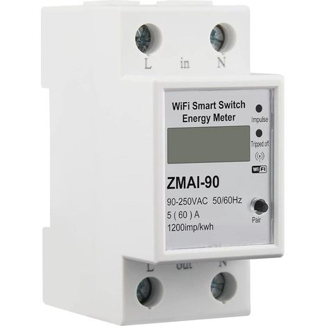 Compteur d'énergie intelligent WiFi 60A avec mesure tension/courant, disjoncteur connecté 110-230V sur rail DIN, compatible Tuya Smart Life Alexa Google Home (1/5)