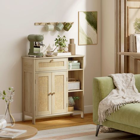 Buffet rangement en bois clair, 2 portes cannées, 1 tiroir, casiers ouverts, tablettes ajustables, 75x30x79,5 cm, style bohème pour salon (1/5)