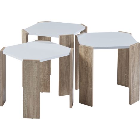 Ensemble de 3 tables basses gigognes blanc effet chêne