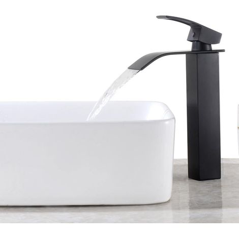 Auralum Einhebel-Wasserfall-Waschtischarmatur, Schwarz, moderner Einhebel-Badezimmer-Wasserhahn für Aufsatz-Waschtischarmaturen, geeignet für Waschbecken