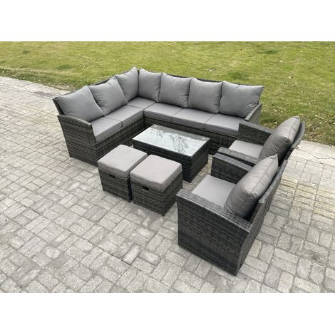 Fimous 10 Seater Rattan Lounge Corner Sofa Set Wicker PE Outdoor Garden Furniture Set with Coffee Table 2 Small Footstools 2 Armchair Dark Grey Mixed