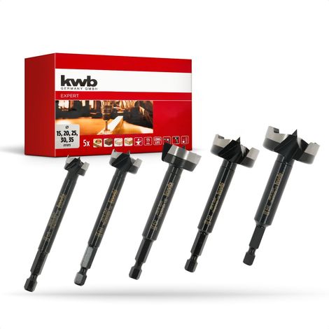 kwb Jeu de forets forestiers 5 pièces (15-35 mm, longueur 88 mm, queue hexagonale, trous de perçage sans éclats, longue durée de vie, pour bois dur/doux, cassette à bois incluse) (1/5)