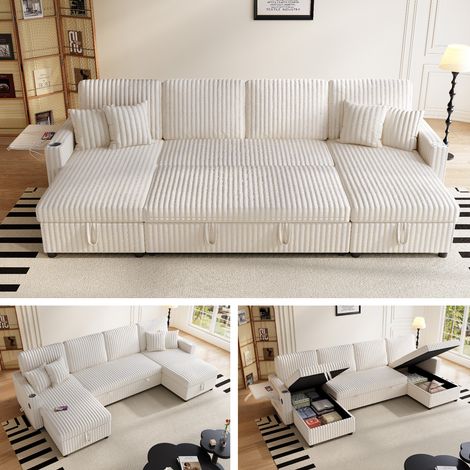 Canapé panoramique convertible 6 places en U 271x131x83 cm, couchage gigogne, 2 coffres, USB et USB-C, porte-gobelets, velours côtelé, Beige