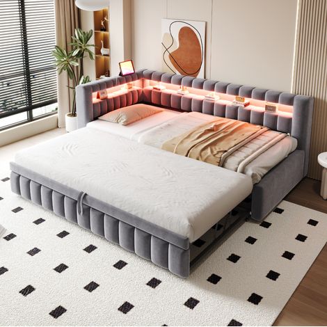 Sofá cama tapizado 211.5x102x79 cm, convertible en cama individual o doble, con LED, USB y terciopelo gris (1/5)