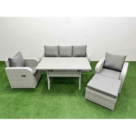 Fimous PE Rattan Garden Furniture Set Reclining Chair Sofa Lounge Sofa Set Rectangular Dining Table Big Footstool Light Grey (1/4)