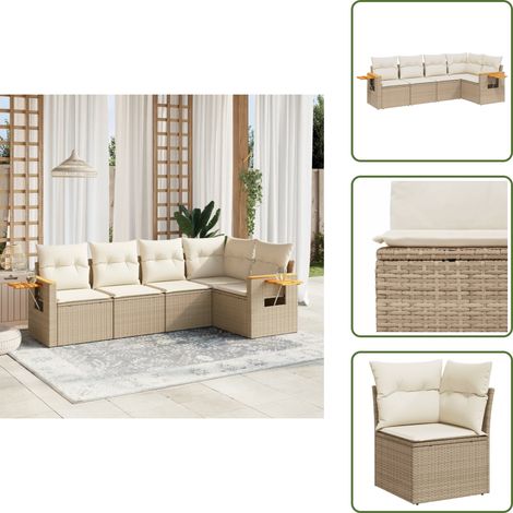 The Living Store 5-tlg. Garten-Sofagarnitur mit Kissen Beige Poly Rattan - Gartensorgsgarnitur - Outdoor Möbel - Lounge Set - Rattan Gartenmöbel - Gartenlounge (1/5)