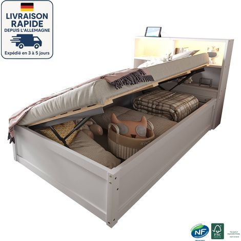 Letto contenitore 90x200 - Letto singolo 90x200 - Con diverse prese e vani portaoggetti - Testiera con LED - Legno certificato PEFC - Bianco (1/5)