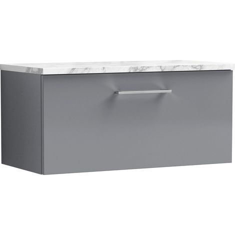 Nuie Arno Wall Hung 1-Drawer Vanity Unit with Carrera Marble Worktop 800mm Wide - Satin Grey (1/4)