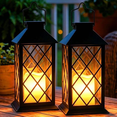 35cm Lanterne Solaire Exterieur, 2 Pièces Suspension Lampe Solaire avec Bougie LED Flamme Vacillante, IP44 Étanche Deco Jardin Exterieur pour Table Terrasse Funeraire Balcon Decoration - Noir (1/5)