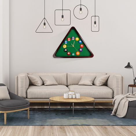 Horloge murale en bois design billard, horloge decorative retro avec boules de snooker, cadran rond, style industriel, grand format, horloge de salon ou bureau, pièce unique. (1/4)