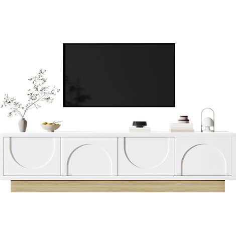 Moderner weißer TV-Schrank mit Holzmaserung – 175 cm – Minimalistisches Kurvendesign – Ausreichender Stauraum & Kabelmanagement (1/5)