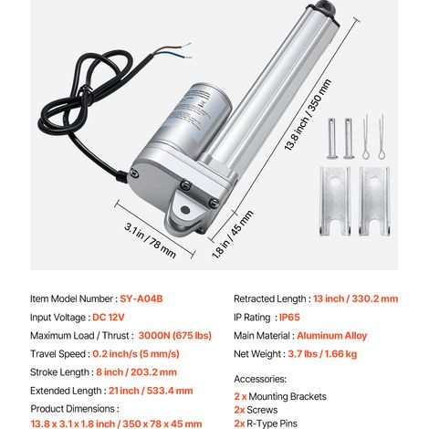 VEVOR 12V Linear Actuator, 8 Inch Stroke IP65 Waterproof Linear Actuator, 675lbs/3000N 0.2"/s Motion Actuators with Mounting Bracket for Solar Trackers, Industrial Machinery, Door Opener (1/4)