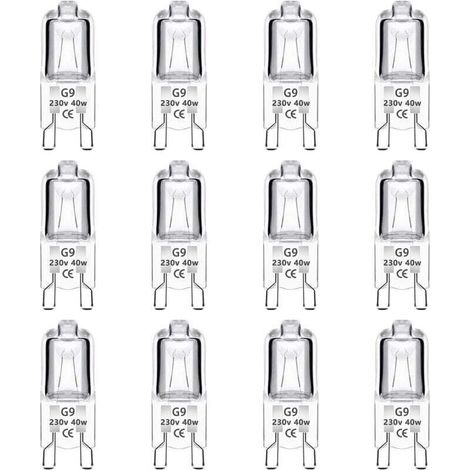 12er-Pack G9-Halogenlampen, 40 W, 230 V, dimmbar, 0–100 %, 480 lm, warmweiß (2700 K), G9-Sockel, flimmerfrei, für Backöfen, Kronleuchter, Gartenleuchten und Schrankbeleuchtung