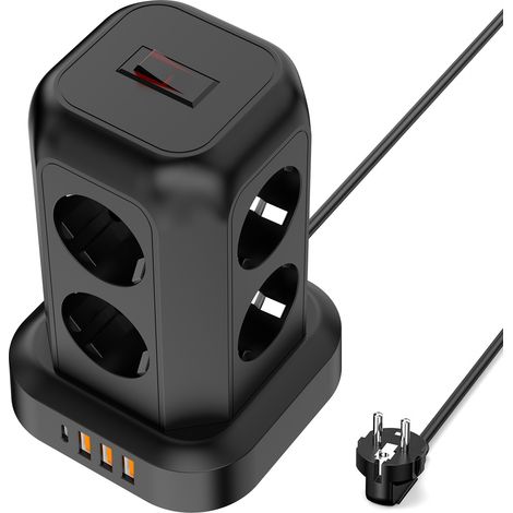QORVA-Multiprise avec Interrupteur Tour, Multiprise 1 USB C et Rallonge Electrique 1.8M, Multi Prise Electrique Convients, Maison, 2500W, Noir (1/4)