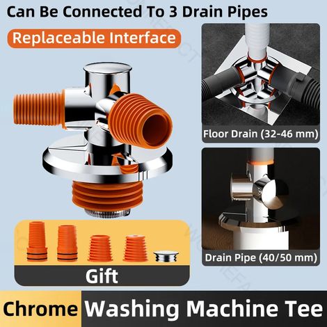 (Chorme)Washing Machine Floor Drain Joint Drainage Tee Adapter Sewer Dual Purpose Connector Drain Sealing Tool Drainpipe tee (1/4)