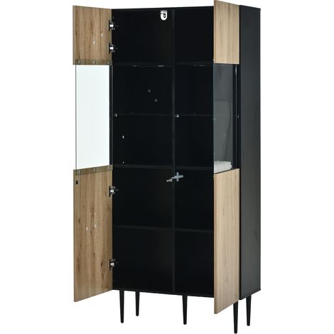 Moderne hohe Vitrine 80 x 35 x 180 cm mit 2 Türen aus gehärtetem Glas und LED (1/5)