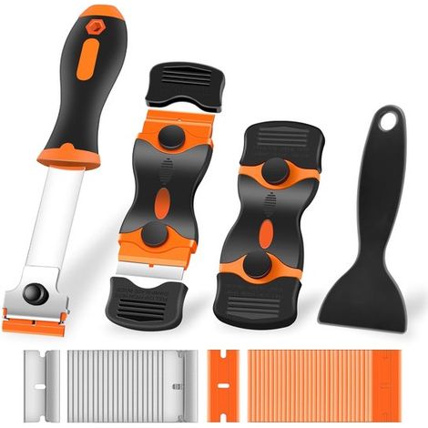 Kit de 4 piezas de raspadores de cuchillas de afeitar de limpieza premium con 20 cuchillas de metal y plástico, removedor multifuncional de calcomanías para ventanas de vidrio y estufas. (1/5)