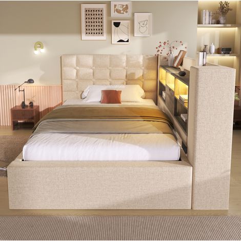 REDOM - Lit simple 90x200 cm avec LED, ports USB et rangement hydraulique en lin beige (Sans matelas) (1/5)