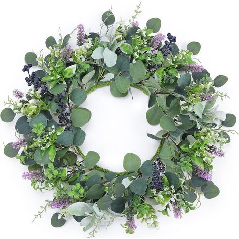 Couronne d'eucalyptus pour porte 45 cm, couronne de lavande artificielle, fausses fleurs et baies, guirlande de fausses feuilles vertes, décoration printemps-été-AquaForge (1/5)