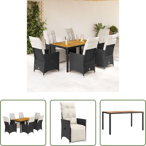 vidaXL Relaxsessel - 7-tlg. Garten-Essgruppe mit Kissen Schwarz Poly Rattan (1/5)