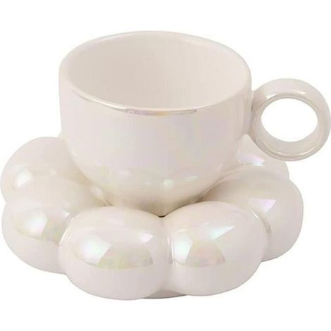 Tasse À Café - Soucoupe - Céramique - Design Fleuri - 6.7 Oz - Blanc - Lot De 2 Pièces (1/4)