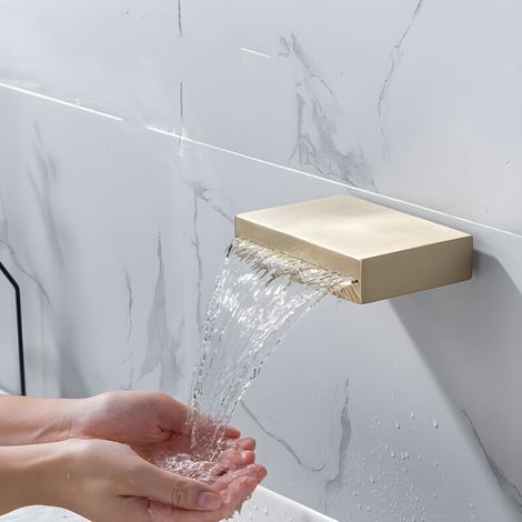 Luxuriöser Wasserfall-Wasserhahn aus gebürstetem Gold zur Wandmontage, doppelte Warm- und Kaltwasserregelung, verdecktes Design, ideal für moderne Badezimmerwaschbecken, MUMU (1/4)