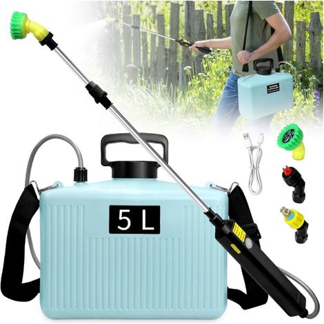 YMYNY Pulvérisateur électrique à batterie de 5 L avec 3 buses, poignée rechargeable, pistolet rétractable, bandoulière réglable, pour pelouse, jardin et nettoyage(5L Bleu)