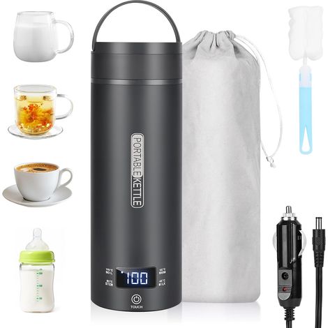Bouilloire de Voyage, 500ml Mini Bouilloire Electrique, 96 W Petite Bouilloire Electrique, Chauffe Eau Portable pour Café, Lait, Thé Voiture (12V) (Noir) (1/5)