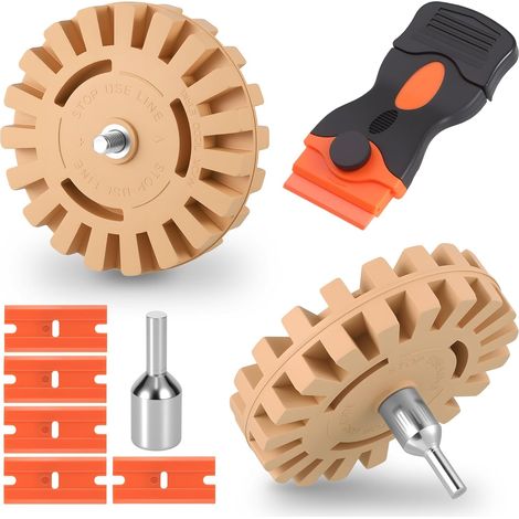 Kit de Roue de Gomme Carrosserie, 2Pcs Gomme de Carrossier de 10cm de Diamètre, Outillage Carrosserie avec Racloir en Plastique et Adaptateur pour Foret, Enlève Vinyle, Colle, Autocollants et Adhésifs (1/5)