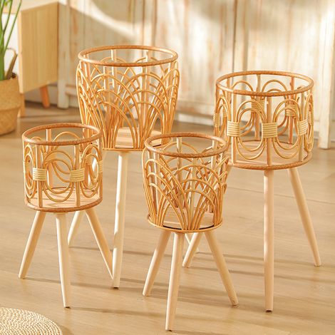 Support à plantes sur pied bois imitation rotin tressé, 2 modèles éventail / double cercle, cache-pot haut sol pour plantes vertes salon (1/5)