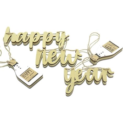 Boltze – Mini-guirlande Lucky « Happy New Year » dorée, 113 cm – Bois (1/3)