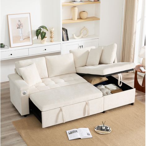 Canapé d’angle gauche convertible en lit, avec coffre de rangement, USB et 2 coussins, beige, REDOM (1/5)
