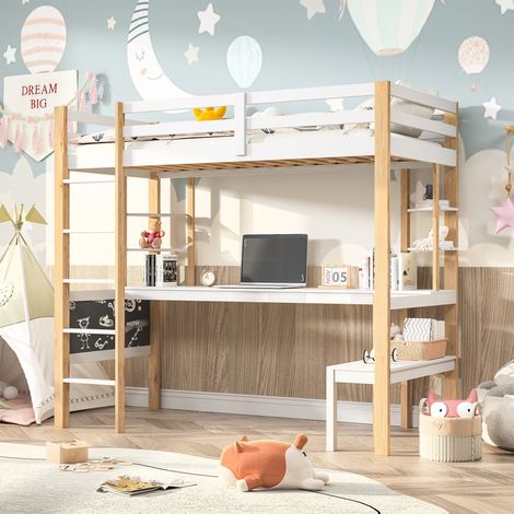 Letto a soppalco 90x200 cm, con scrivania, mensole, barriera di sicurezza, lavagna, rete a doghe in legno massiccio, stile bicolore - Bianco