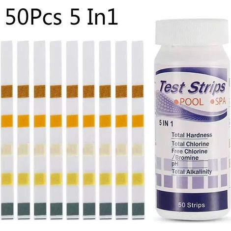 Bandelettes de test 5 en 1 pour piscine : dureté totale, chlore total, pH, alcalinité totale, brome libre, détection multifonctionnelle (5 en 1)