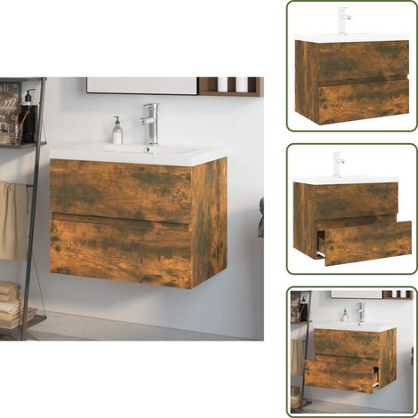 The Living Store Meuble lavabo avec bassin intégré Chêne fumé Bois d'ingénierie - Armoire de salle de bain (1/5)