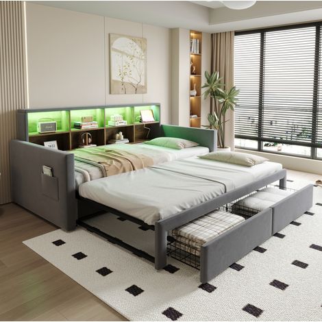 Schlafsofa Samt Grau 90x190 cm, ausziehbar auf 180 cm, mit Stauraum, LED, Steckdosen und Lattenrost (1/5)
