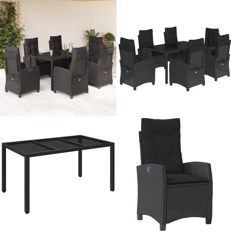 Set da Pranzo da Giardino 7 pz Nero con Cuscini in Polyrattan - Tavolo da giardino - Sedie da giardino reclinabili