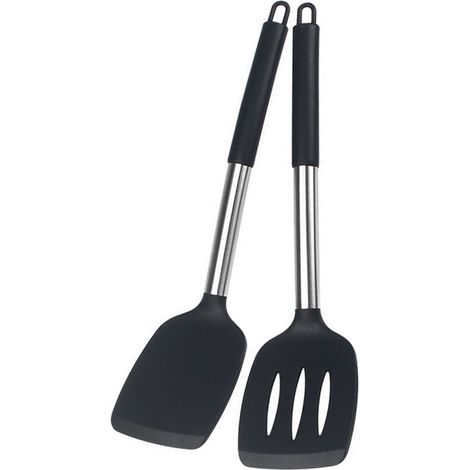 Spatule en silicone, robuste, antiadhésive, ajourée, résistante à la chaleur, sans BPA, idéale pour le poisson, les œufs et les crêpes, noire, ensemble de 2 ustensiles de cuisine. (1/4)
