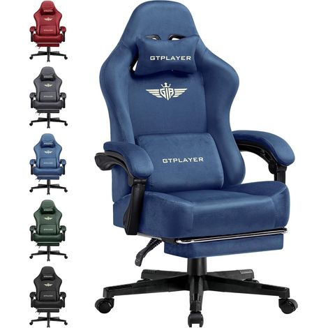 Chaise gaming ergonomique en tissu respirant – Dossier inclinable 90-160° – Repose-pieds extensible – Rembourrage à ressorts intégré – Bleu