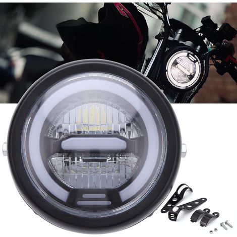 Phare LED de moto, rond de avec halo blanc et supports Phare avant universel Phare de réfection des feux de croisement (lumière blanche). (1/5)