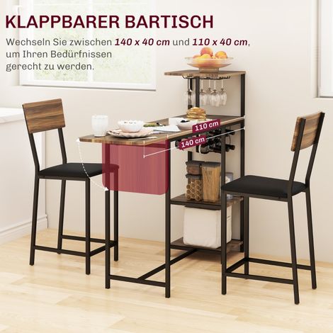 Table de bar avec tabourets, ensemble 3 pièces, table de bar pliante pour cuisine, porte-verres et casier à vin, 2 chaises hautes, cadre en acier, style moderne, salle à manger, brun (1/5)