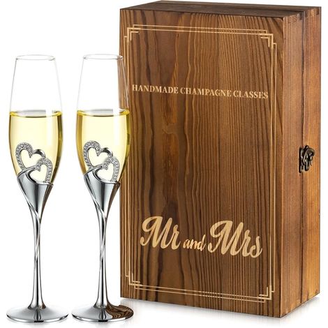 Wedding Champagne Flutes: Champagne Flute Gift Set Wooden Crystal Prosecco Glass Set Silver Toast Birthday Bridal Shower (1/5)