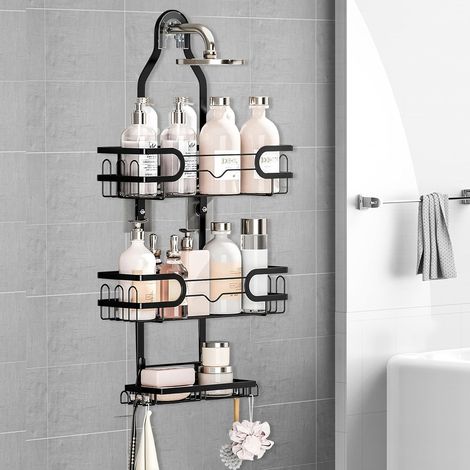 Fer Caddy de Douche Suspendu à 3 Niveaux, Organisateur de Douche à Suspendre avec Crochets et Porte Savon Rangement Suspendu Sans Percage pour Salle de Bain