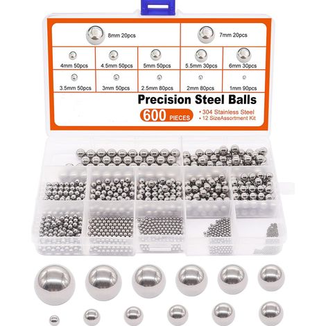 600 Stück 12 Größen 1–8 mm Präzisionskugeln aus Edelstahl für Fahrradlager, gemischtes Kugelsortiment 1 mm, 2 mm, 2,5 mm, 3 mm, 3,5 mm, 4 mm, 4,5 mm, 5 mm, 5,5 mm