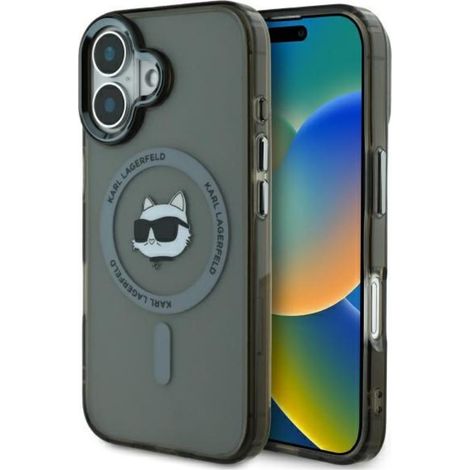 Custodia rigida nera/nera Karl Lagerfeld KLHMP16MHLSCHK per iPhone 16 Plus 6.7, con testa Choupette in metallo IML e MagSafe. (1/5)