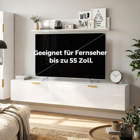Meuble TV mural flottant 180 cm blanc brillant avec portes battantes étagère murale centre de divertissement armoire (1/5)