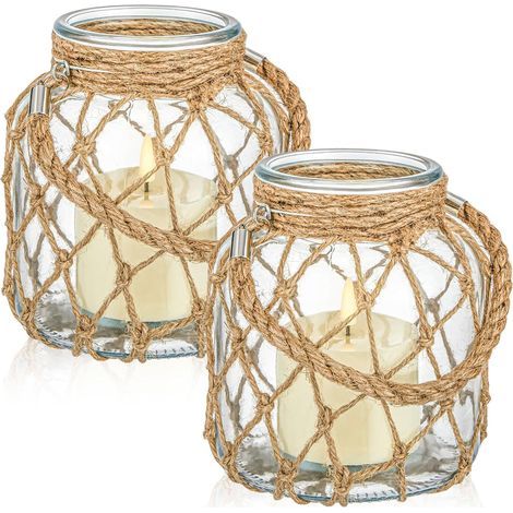 Lot de 2 lanternes nautiques avec poignée en corde - Bocaux avec bougies LED à piles sans flamme pour décoration de chambre, fête, maison de plage ou centres de table (1/5)